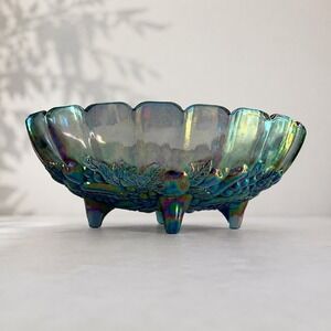 Vintage Indiana Glass Blue Carnival Footed Fruit Bowl Iridescent Harvest Grape